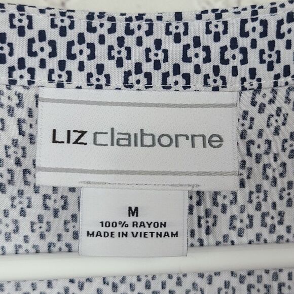 Liz Claiborne Blue Flutter Sleeve Border Print Lace Up Blouse Medium Tunic Top - Picture 5 of 8